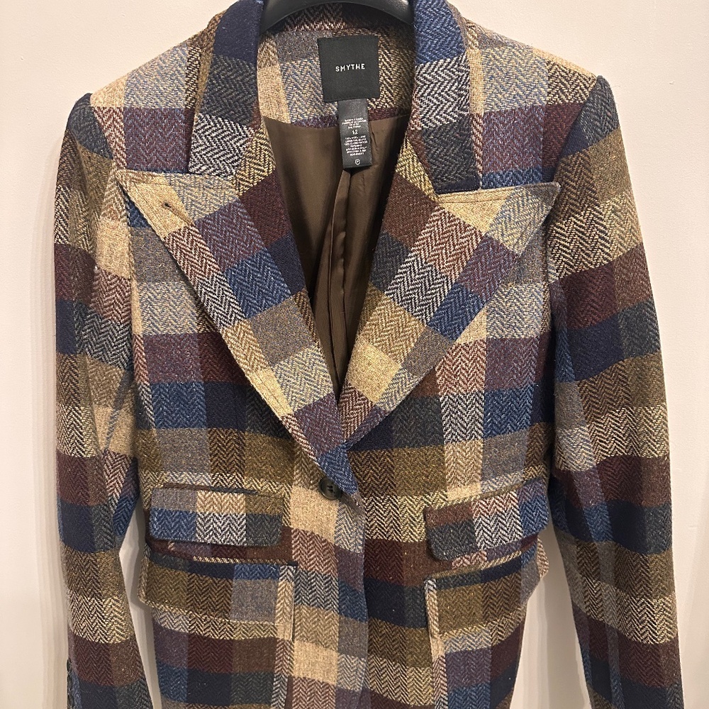 Smythe Plaid Wool-Blend Notch Lapel Blazer in Blue, Brown, Tan